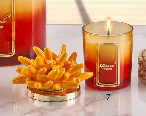 Candela Melaverde in porcellana arancione linea Tropicana, bomboniera artigianale con scatola