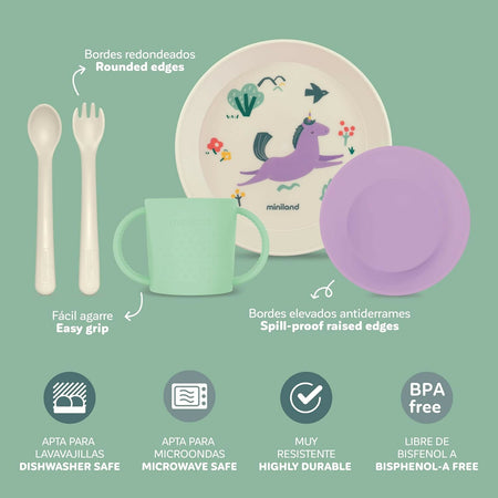 MINILAND Learning tableware Dream - set pappa educativo - bicchiere con manici, piatto piano, ciotola piatto fondo, posate - unicorno