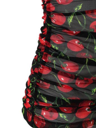 Dolce &amp; Gabbana Top Smanicato in Tulle Nero Stampa Ciliegie da donna