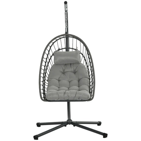 Poltrona Sospesa in Rattan PE con Cuscino, Seduta Pieghevole e Struttura in Acciaio, Grigio 867-157V00CG
