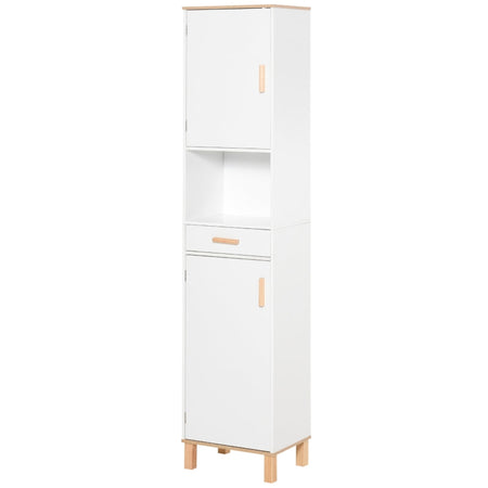 Mobile Salvaspazio Bagno in Legno Bianco, Mobile a Colonna con Armadietti e Cassetto 39x30x180cm QA2834-312QA2