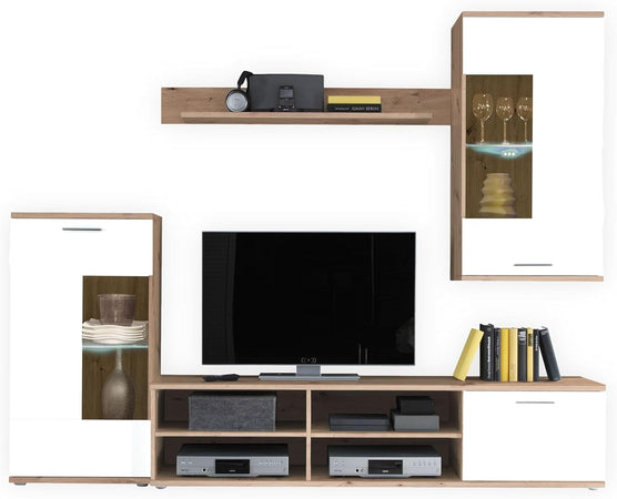 parete attrezzata tv da soggiorno cucina per salotto moderna mobili tv bianco e rovere marrone + led T2302,6,1S
