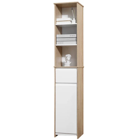 Colonna bagno, Scaffale Bagno Salvaspazio in Legno, Mobiletto a Colonna con Ripiani, Armadietto e Cassetto, Bianco, 32.6x30x171.2cm RF6834-318RF6