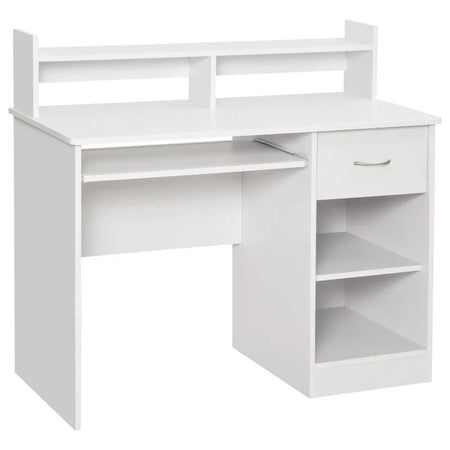 Scrivania per Computer Compatta, Scrivania PC Fisso in Legno Bianco con Ripiano Tastiera Estraibile e Mensole 104x48x95.5cm XN5836-262WTXN5