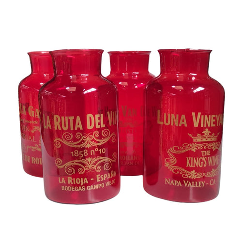 Bottiglie in vetro decorative, color rosso, con scritte oro, da Ø 10 x 19 cm