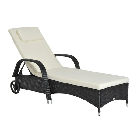 Lettino Prendisole da Giardino con Ruote, Sedia a Sdraio per Spiaggia con Altezza Regolabile in Rattan, Nero e Crema, 200x73x103cm  862-005BK