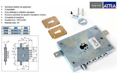 SERRATURA TRIPLICE PER PORTE BLINDATE MM.150,5x206 ENTRATA 70MM MODELLO NE42 7