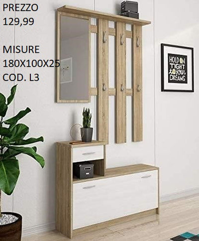 mobile ingresso moderno appendiabiti specchio scarpiera cassetto mensola bianco quercia T2253,22S