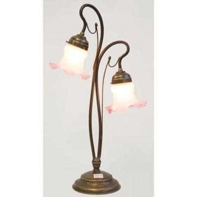 LAMPADE LINEA OLIVA DA TAVOLO 2 LUCI LIBERTY OTTONE BRONZATO E VETRO SOFFIATO