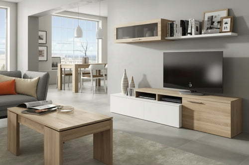 KIT PARETE ATTREZZATA MOBILE BASSO TV CM.200X41X44 ROVERE SOGGIORNO VETRINETTA