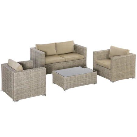 Set 4 Pz Salotto da Esterni in Rattan con 1 Divano, 2 Poltrone e 1 Tavolino, Kaki e Beige 860-211