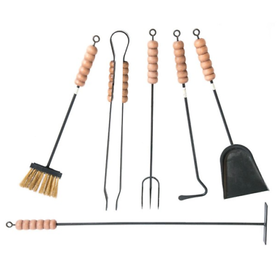 ATTREZZI PER CAMINO KIT 6 UTENSILI IN FERRO BATTUTO CON MANICO IN LEGNO