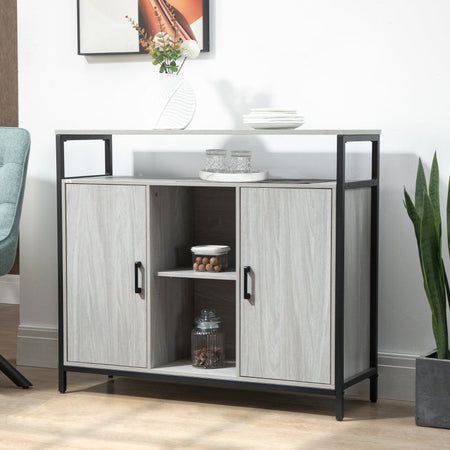 Credenza Moderna in Legno con 2 Armadietti e Ripiani, Mobile Cucina e per Ingresso Grigio Chiaro, 100x34x87.2cm F835-675LGA