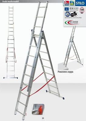SCALA IN ALLUMINIO A TRE RAMPE COMBINATA ALTEZZA MASSIMA CM. 706 - 3X11 GRADINI