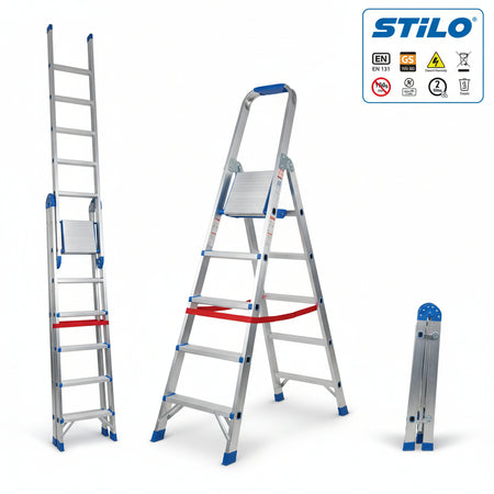 SCALA IN ALLUMINIO A TRE RAMPE COMBINATA ALTEZZA MASSIMA CM. 706 - 3X11 GRADINI