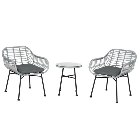 Set Mobili da Giardino in Rattan PE con 2 Sedie e Tavolino con Ripiano in Vetro, Grigio 863-085
