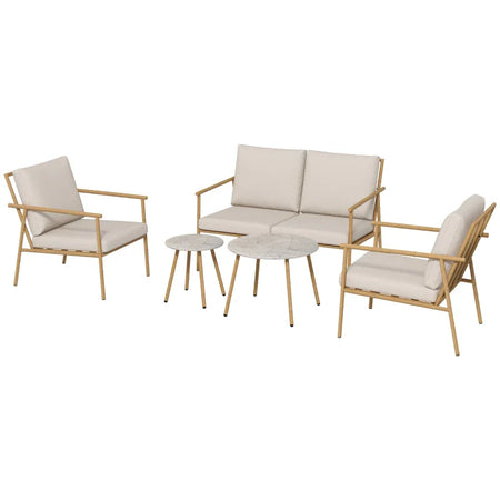 Salotto da Giardino con Divano, 2 Poltroncine e 2 Tavolini Effetto Bambù con Cuscini, Marrone 84G-272V00BN