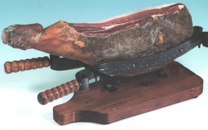 PORTAPROSCIUTTO BASE IN LEGNO MORSA IN FERRO BATTUTO