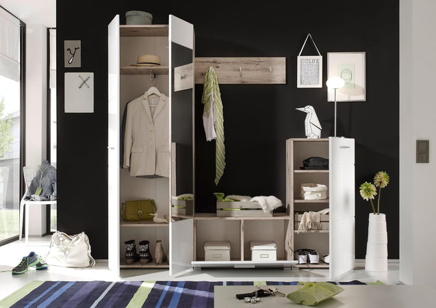 mobile ingresso entrata moderno design guardaroba appendiabiti salvaspazio corridoio specchio scarpiera cassetto mensola bianco lucido laccato armadio T2056,192S