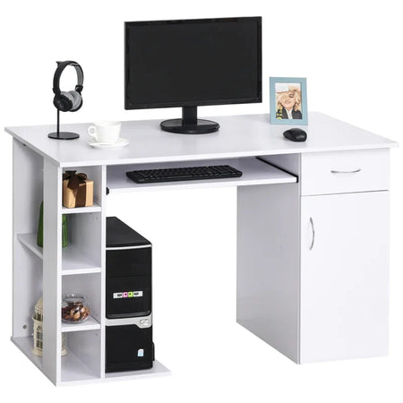 Scrivania per PC Ergonomica con Mensole, Armadietto, Cassetto e Piano Tastiera Estraibile, Bianca, 120x60x74cm ZQ1920-012V01WTZQ1