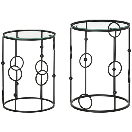 Set di 2 Tavolini da Caffè Impilabili in Metallo e Vetro Temperato Ø41x57cm e Ø36x51cm, Nero BG6833-674V00BKBG6
