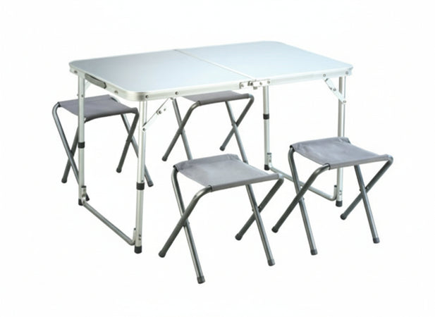 SET CAMPEGGIO TAVOLO + 4 SGABELLI PIEHEVOLE RICHIUDIBILE IN ALLUMINIO