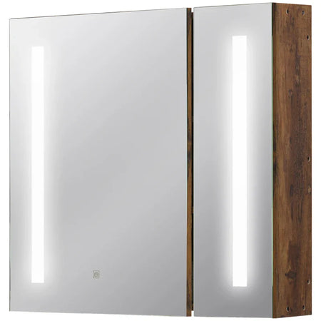 Specchiera Bagno con Luci LED Regolabili, 2 Ante e Mensola Regolabile, 70x15x65cm, Marrone YH9834-442YH9