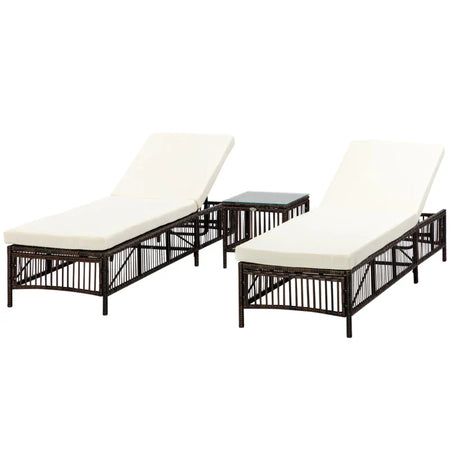 Set 2 Lettini Prendisole con Cuscini Imbottiti e Tavolino in Rattan PE, Marrone e Beige 862-068V00MB