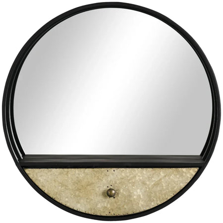Specchio da Parete Rotondo da Ø61cm con Cassetto e Cornice in Metallo Nero UJ6830-474UJ6