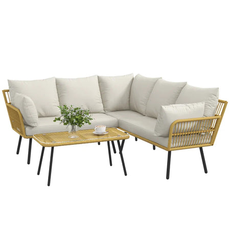 Set da Giardino 4 Pezzi in Rattan PE con Tavolino da Esterni 90x45x42 cm e 2 Divanetti per Esterni 6ex63x74 cm, Bianco Crema 860-324V00CW