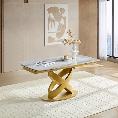 Tavolo "Sirius" con struttura in metallo e piano in ceramica, design moderno, 160/240 x 90 x h 75 cm