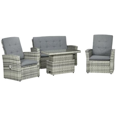 Set da Giardino 4pz in Rattan Grigio con Tavolo ad Altezza Regolabile, 2 Poltrone Reclinabili e Divano 2 Posti  860-276V00LR