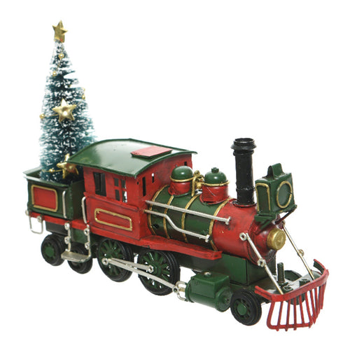 Treno natalizio in ferro con albero di natale, decorazione per villaggio di Natale da 20 cm