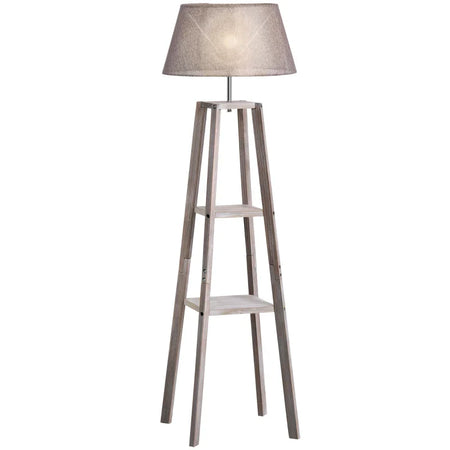 Lampada da Terra in Legno con 3 Ripiani e Paralume in Tessuto, 45x45x148cm, Grigio VB8B31-144VB8