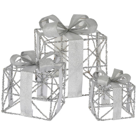 Pacchi regalo natalizi con LED luminosi, color Argento, decorazione in lametta, set da 3 pezzi