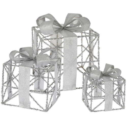 Pacchi regalo natalizi con LED luminosi, color Argento, decorazione in lametta, set da 3 pezzi