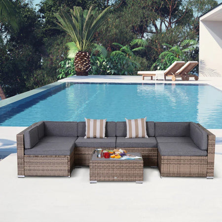 Salotto da Giardino in Rattan da 7 Pezzi con Tavolino e Divano Modulabile con Cuscini, Grigio 860-020V03