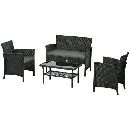 Salotto da Esterno Rattan PE con Divanetto, 2 Poltrone con Cuscini e Tavolino in Vetro, Nero e Grigio 860-331V00GY