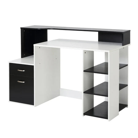 Scrivania per Ufficio con Ripiano Stampante, 2 Cassetti e 3 Mensole, in MDF Bianco e Nero, 137 x 55 x 92cm ZB4920-026ZB4