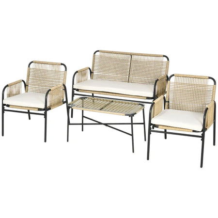 Salotto da Giardino in Rattan PE con Divanetto e 2 Poltrone con Cuscini, Tavolino in Vetro, Giallo 860-286V02YL