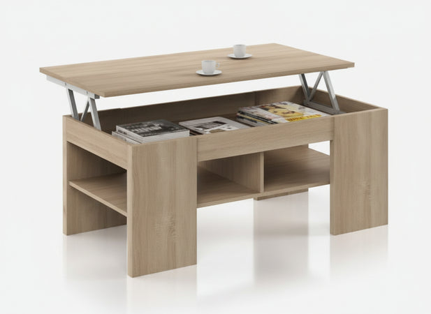 TAVOLINO TAVOLO DA CAFFE' CON PIANO ELEVABILE CM. 50X100X45H COLORE ROVERE