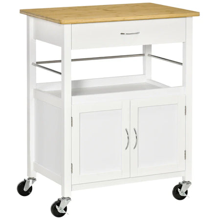 Carrello Cucina con Cassetto Armadietto e Scaffale, Carrellino Portavivande con Piano in Bambù e 4 Ruote, Bianco TY8801-215TY8