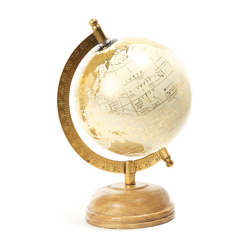 Mappamondo in ottone e legno con struttura color champagne, 14 x 13 x h 21 cm