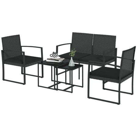 Set da Giardino con 2 Sedie, Divanetto e 2 Tavolini con Cuscini e Piano in Vetro, Nero 84G-319V00BK