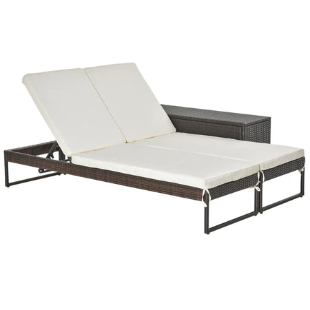 3pz Componibile 2 Lettino Prendisole da Giardino (60 x 195 x 86cm) e 1 Tavolino (121 x 40 x 50cm) Rattan con Materassini, Marrone e Bianco Crema 862-022BN