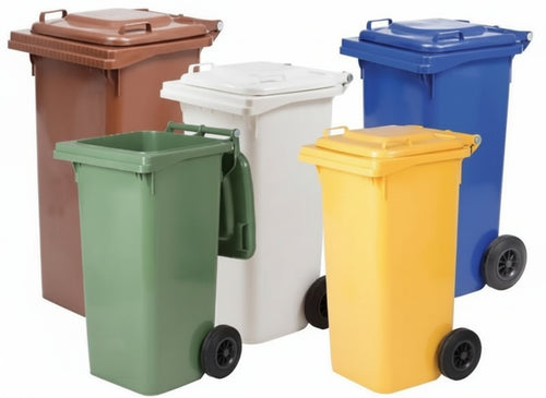 BIDONI PATTUMIERE QUADRI CON RUOTE PER RIFIUTI 120 LT VERDE - BIANCO-GIALLO- BLU