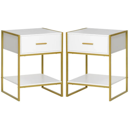Set 2 Comodini Moderni con Cassetto e Ripiano Aperto in MDF e Acciaio, 45x40x60cm, Bianco e Oro AW1831-534AW1