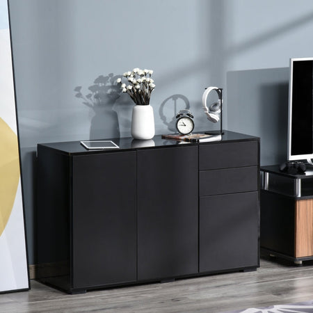 F838-077BKA madia soggiorno salotto nero lucido legno laminato ufficio studio design con 4 ante 2 cassetti