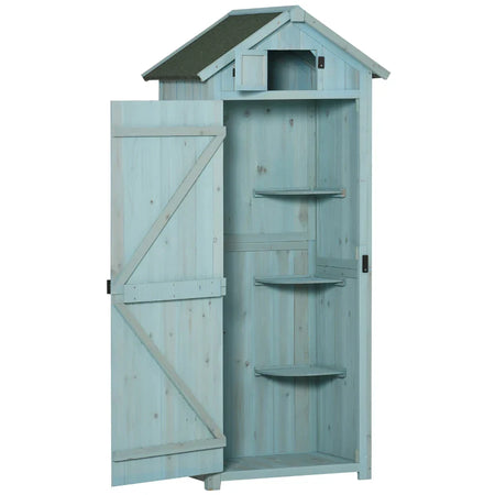 Casetta da Giardino Porta Attrezzi in Legno con 3 Ripiani, 77x54.2x179cm, Blu ZX4845-209V01BUZX4