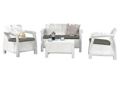SET SALOTTINO RATTAN CORFU' KETER BIANCO TAVOLO+2SEDIE+DIVANO ARREDO GIARDINO